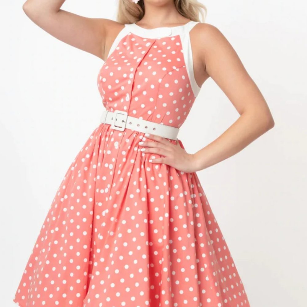 L Coral Swing Dress with With White Polka Dots NWT